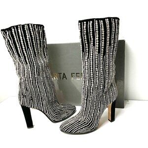Alberta Ferretti Suede Crystal Embellished Boots Black Rhinestone High Heel Sz39